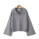 Foridol Grey Flare Sleeve Turn Down Collar Warm Winter Sweater Women Pullover Knitted Jumper Autumn Casual Sweater Loose