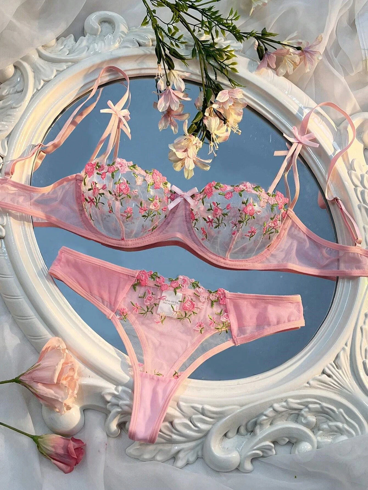 New Pink Transparent Bra Women Sheer Temptation Exotic Sexy Lingerie Set Ladies Embroidery Floral Bras Erotic Underwear Sets