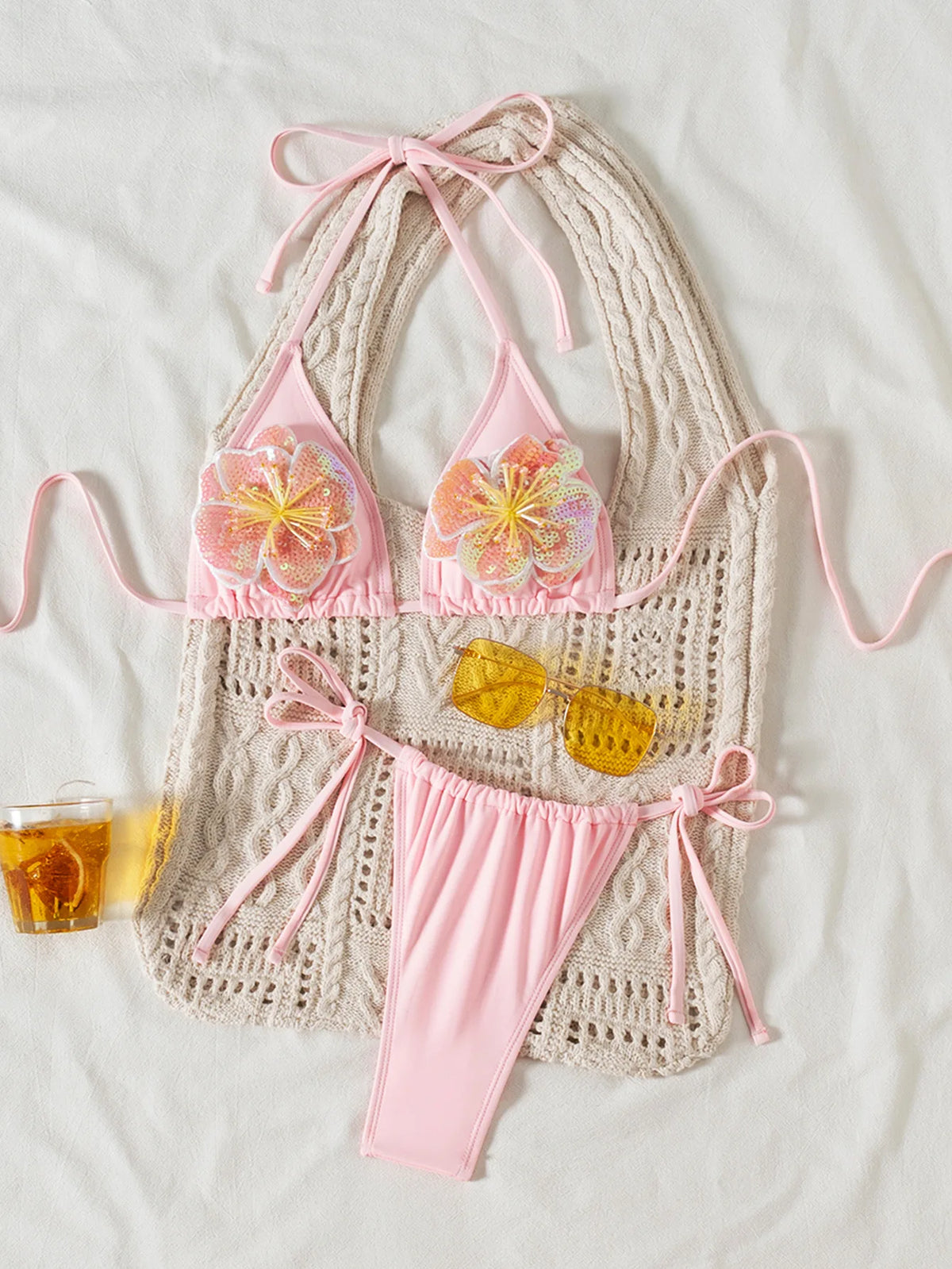 sexy 3d sequine flower pink bikinis sets two pieces swimsuits halter tie thong Swimwear Biquini conjunto de bikini tankini