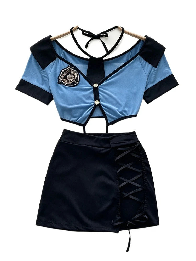 Women Police Cosplay Costumes Long Sleeve Zipper Romper with Harness Belt Halloween Role Play Outfit for Carnival Themed Events