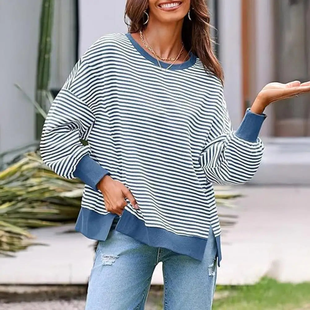 Long Sleeve Crewneck T-Shirt Split Hem Women Striped Oversized Sweatshirt Waffle Knitted Tunic Top Casual Women Sweater