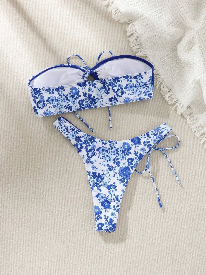 New Sexy Floral Print Bandeau Bikini 2024 Women Swimwear Female Swimsuit Two Pieces Thong Bikini Set Bather Tie Bathing Suit
