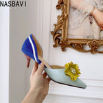 New 2027 Fashion Womens Floral Pointed Toe Flowers Stilettos Lady Mid Heel Shoes Mixed Colors Sandals Pumps Wedding Bridal Heels