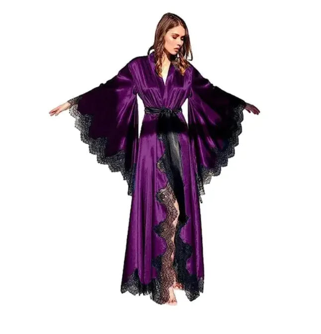 Women Robes Sleepwear Kimono Pajamas Pure Long Black Silk Satin Lace Trim Photography Dress Wedding Bride Gown Photo Shoot