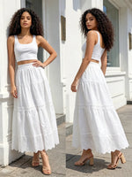 Women's Boho Long Skirts Hollow Out Hem Elastic Waist Loose Fit Pleated A-line Skirts Summer Casual Fashion Skirts