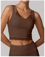 Sexy Fake Two-piece Yoga Tank Top Naked Feel Lace Trim V Neck High Stretch with Bra Pads Gym Running Fitness Dance Tank Top