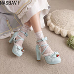 Blue White Ankle Sandals Girls Lace Strap Ankle Women High Heels Mary Janes Pumps Party Wedding Dress Bow Princess Lolita Shoes