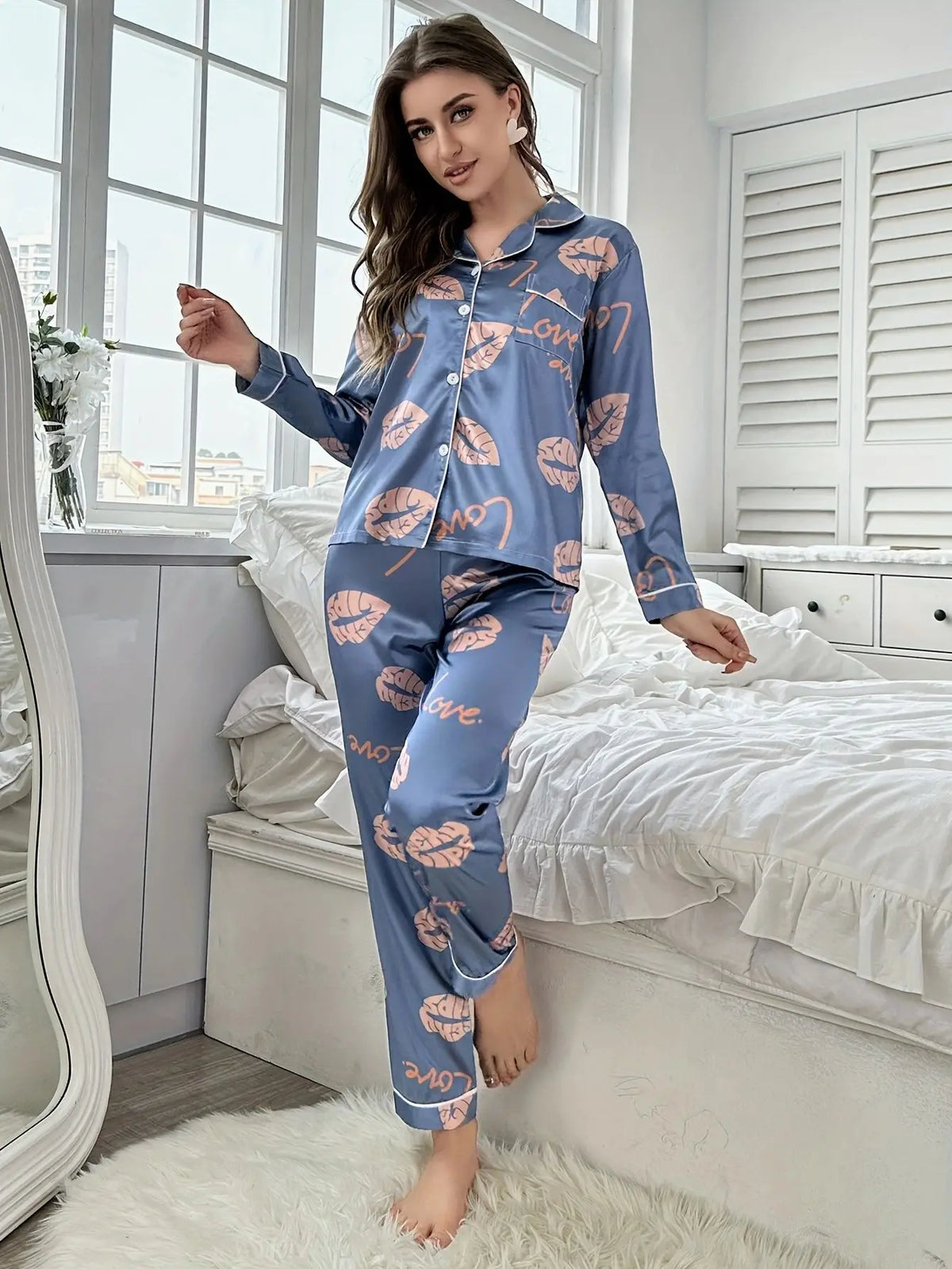 Home wear pajamas ice silk long sleeves trousers thin pajamas