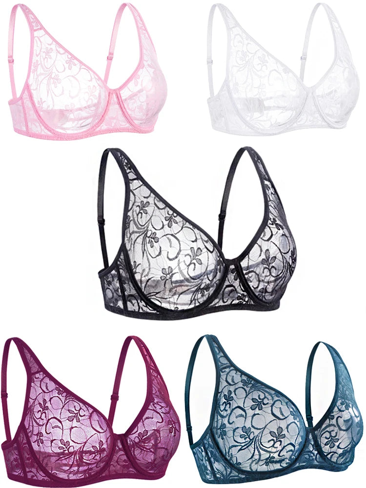 Sexy Lace Bras Transparent Ultra-Thin Sissy Lingerie Bra for Women See Through Embroidery Hollowed Out Brasserie A B C D DD Cup
