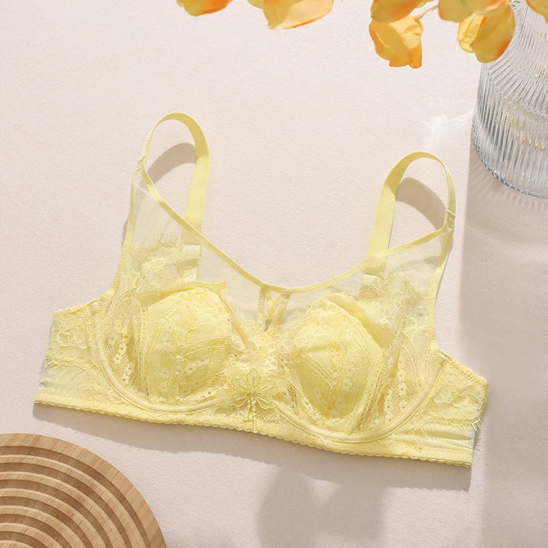 Women's Plus Size Thin Bra Sexy Lace Mesh Bra Cotton Thin Cup Wireless Push Up MinimizerBralette 70-90BCD CW9470