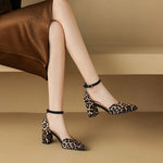 Zebra Leopard Animal Print Pointed Closed Toe Block High Heels Lady Mature Summer Shoes V-cut Designer Women Dress Pumps Sandals