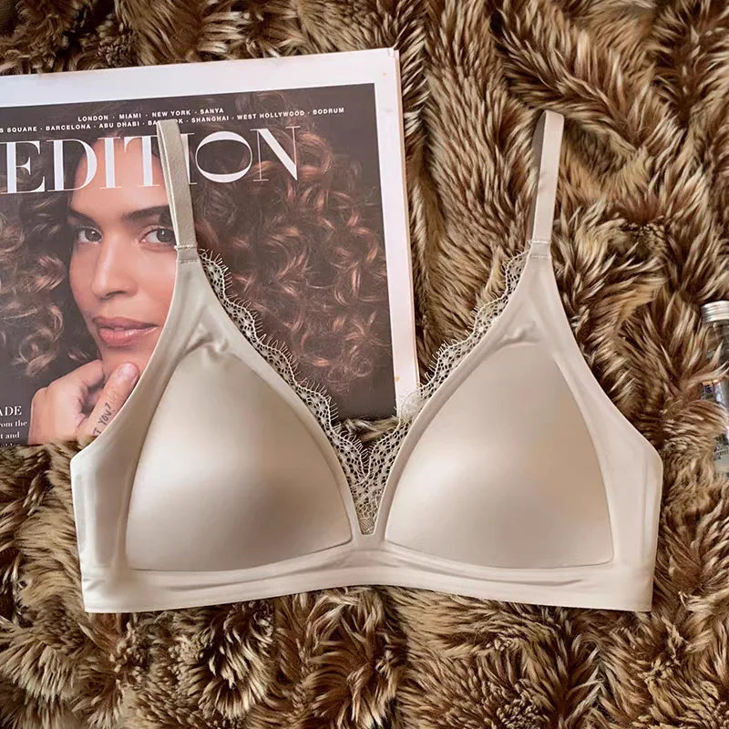 Glossy Satin Seamless Underwear Everyday BraWomen's Deep V-neck Thin Shoulder Strap Thin Bra for Women Bralette