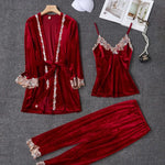 New Velour Pajama Suit Women 3PCS Robe Nightgown Set Sleepwear Lady Winter Velvet Warm Lace Folwer Kimono Bathrobe Gown 2025