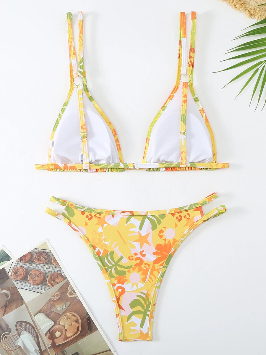 2025 Strappy Bikini Brazilian Printed Swimsuit Women Sexy Padded Swimwear Female Bathers Bathing Swimming Swim Suit Beachwear