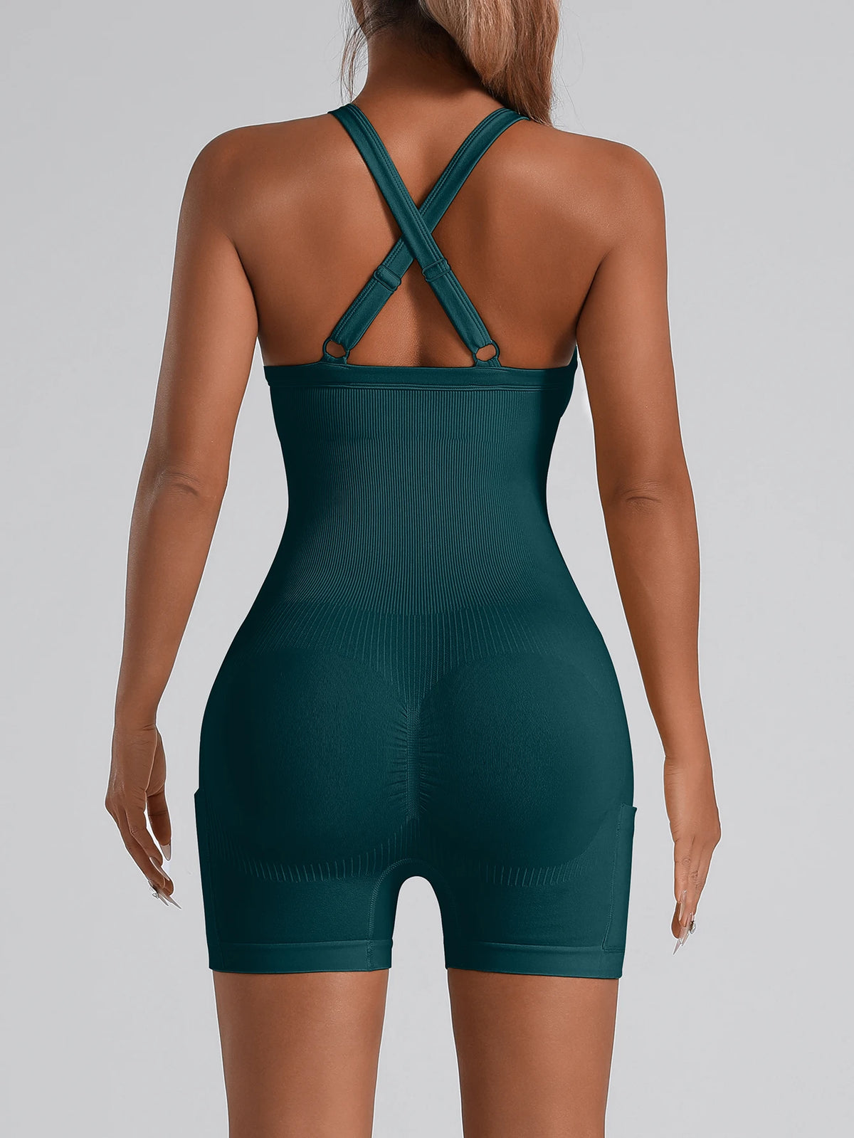 Adjustable Crisscross Back Fitness One Piece Jumpsuit Side Phone Pocket Tummy Control Athletic Yoga Bodysuit