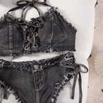 DEKA Retro Women Bikini Denim Suits Summer Halter Camis+ Mini Pant Lingerie Fashion Vacation Swimsuits Sexy Bra&Briefs Sets