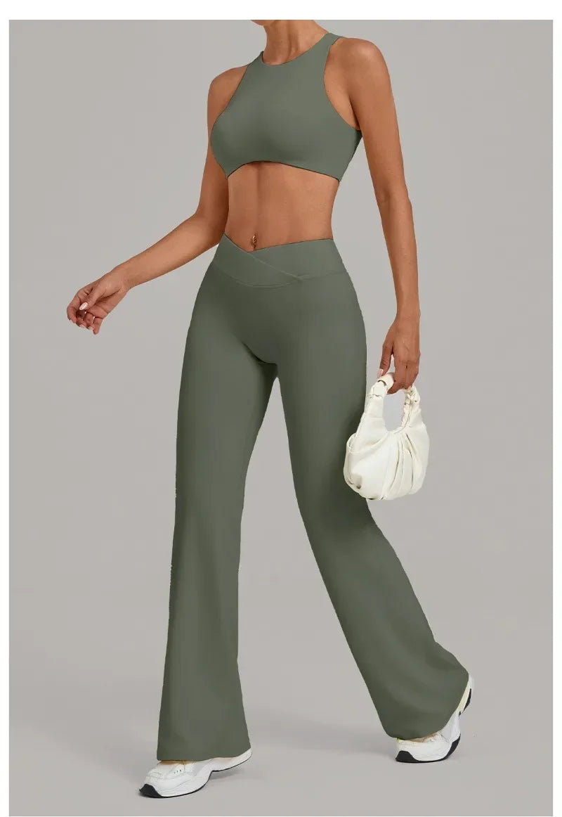 Women's Seamless Yoga Sets Sports Gym Fitness High Waist Hip-lifting Flared-pants Sleeveless Vest Workout Training Running Suits