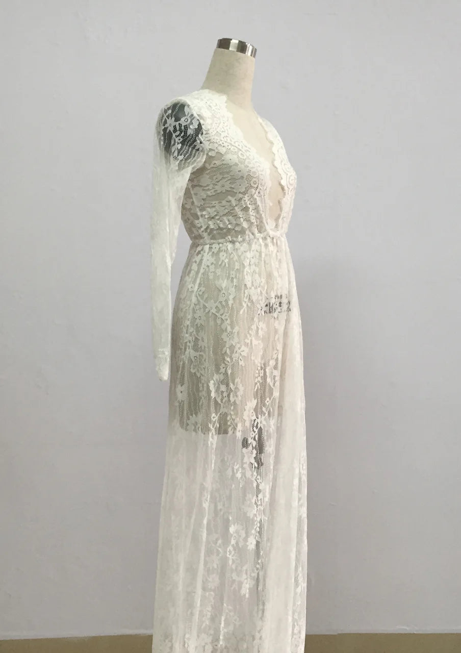 Sexy See Through Lace Long Dresses For Women Deep V-neck Solid Color Maxi Dress Fashion Streetwear Party Night Club Vestidos New
