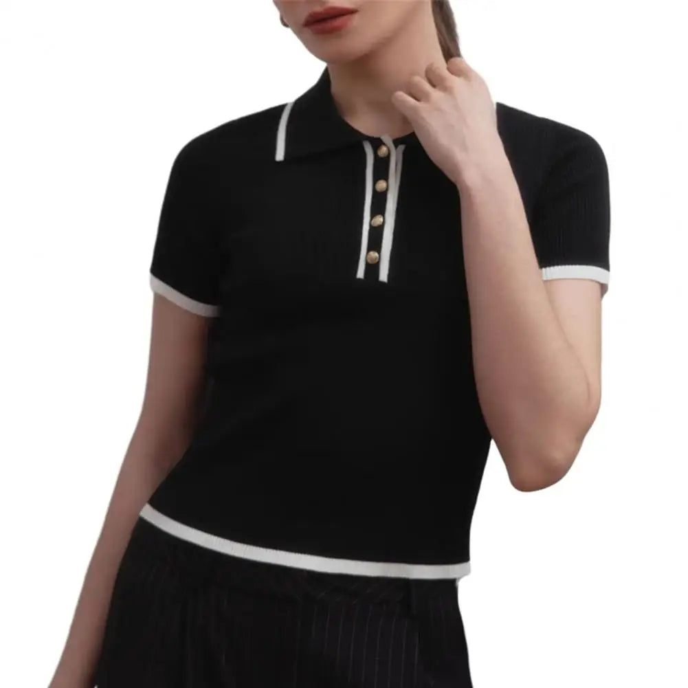 Women Short Tops Short-Sleeve Patchwork Color Lapel Tops with Buttoned Neckline Regular Fit Knitting Tops