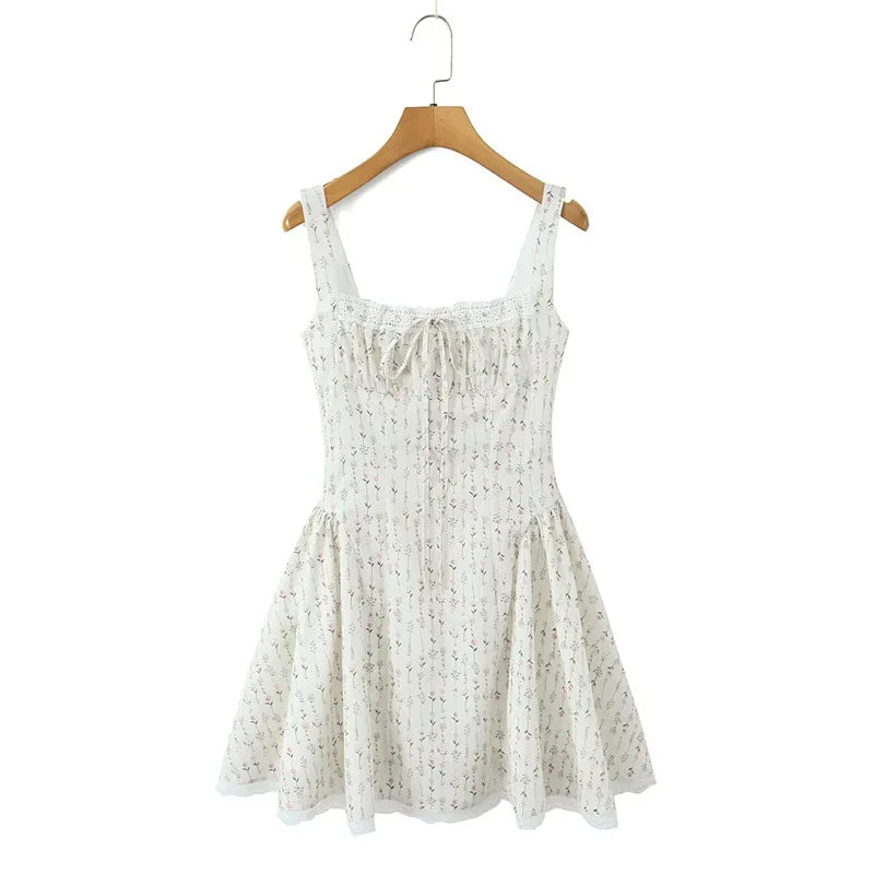 Vietnamese Sweet Lace Trimmed Camisole Dress For Women With Cross-back Cutout Waist-cinching Floral Print Puffy Short Skirt 24AK