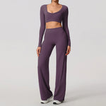 Hearuisavy Sports Set 2Pcs Women'sLong Sleeve Backless Fitted Fitness Top Push Up Pilates Yoga Top Wide Leg Straight Leg Pants