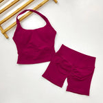 Yoga 2 Pieces Gym Set Women Backless Halter Tops High Waist Seamless Shorts Gym Suit Fitness Sports Bras Sportswear Workout Sets