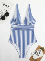 2026 Striped One Piece Swimsuit Sexy Swimwear Women V-neck Bathing Swimming Suit Female Summer Beachwear Bodysuit