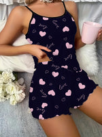 Women's Bow Heart Print Pajamas Set Home Wear Backless Crop Top and Shorts, Comfortable Loose Fit Summer Sleepwear