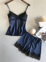 Women Summer Sleepwear Sexy Lace Satin Pajama Sets Lingerie Nightwear Sleeveless Tops+Shorts 2 Pcs Sets Loungewear