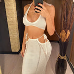 2PCS Set Sexy With Top Halter Crochet Knitted Dress Tunic Beach Cover Up Cover-ups Beach Dress Beachwear Female Women V4885W