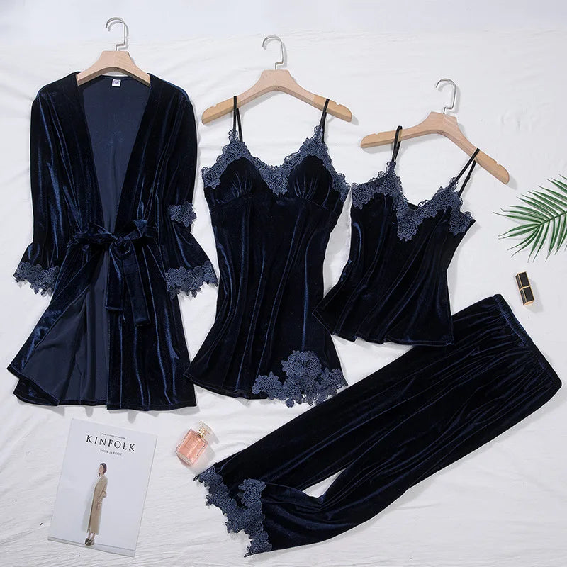 2025 New Gold Velvet Lace Sleepwear Women's Long Sleeve Home Clothes Set with Chest Pad Strap Four Piece Suite Winter Season