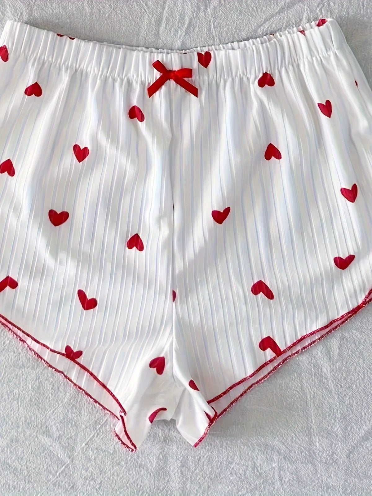 Women's Heart Print Sexy Ribbed Bow Decor Pajama Set, Round Neck Backless Comfortable Crop Cami Top & Shorts, Summer Nightwear