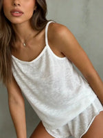 Women Pajama Set Camisole Top and Shorts 2pcs, White Soft Knit Loungewear, Summer Sleeveless Home Sleepwear