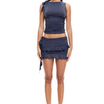 Women Summer Skirts Outfits Solid Color Tie-Up Sleeveless Tank Tops Ruffles Mini Skirts 2 Pieces Clothes Sets