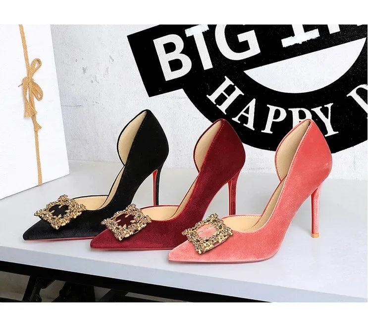 Women 10cm Super High Heels Pointed Toe Side Hollow Work Pumps Metal Crystal Buckle Velvet Stiletto Fashion Banquet Lady Shoes