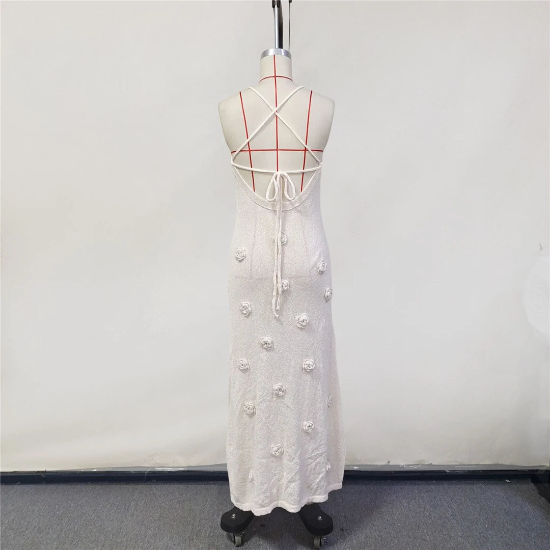 Elegant 3d Flower Knitted Dresses For Women V-neck Backless Sleeveless Lace Up Female Maxi Dress Summer Lady Beach Dress V6211