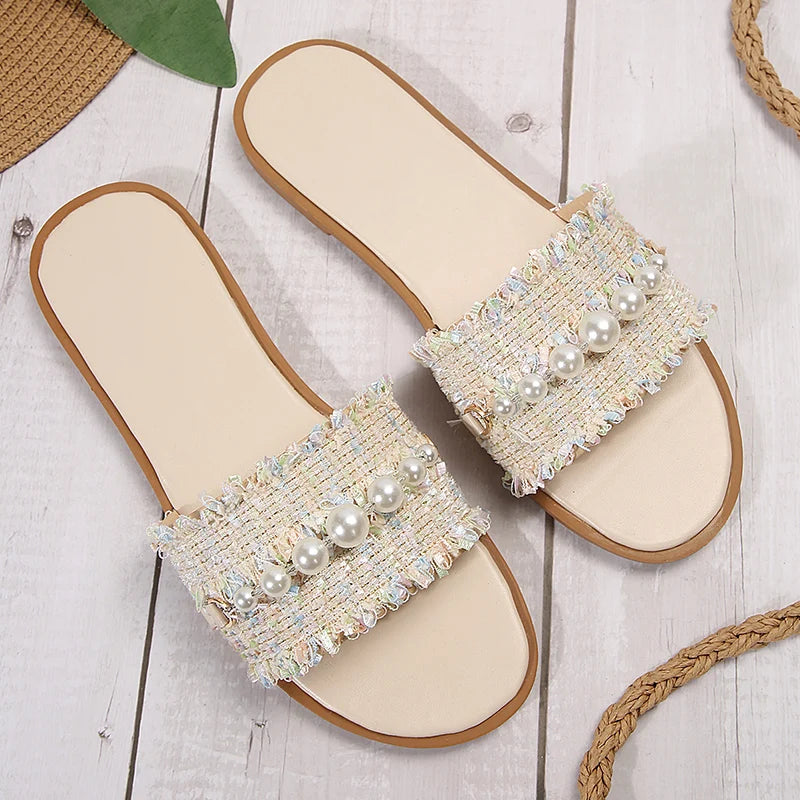 Fashion Tweed Cloth Flats Slippers Women 2025 String Bead Plus Size 36-43 Summer Sandals Woman Lightweight Outdoor Slides Female