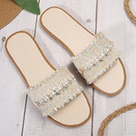 Fashion Tweed Cloth Flats Slippers Women 2025 String Bead Plus Size 36-43 Summer Sandals Woman Lightweight Outdoor Slides Female
