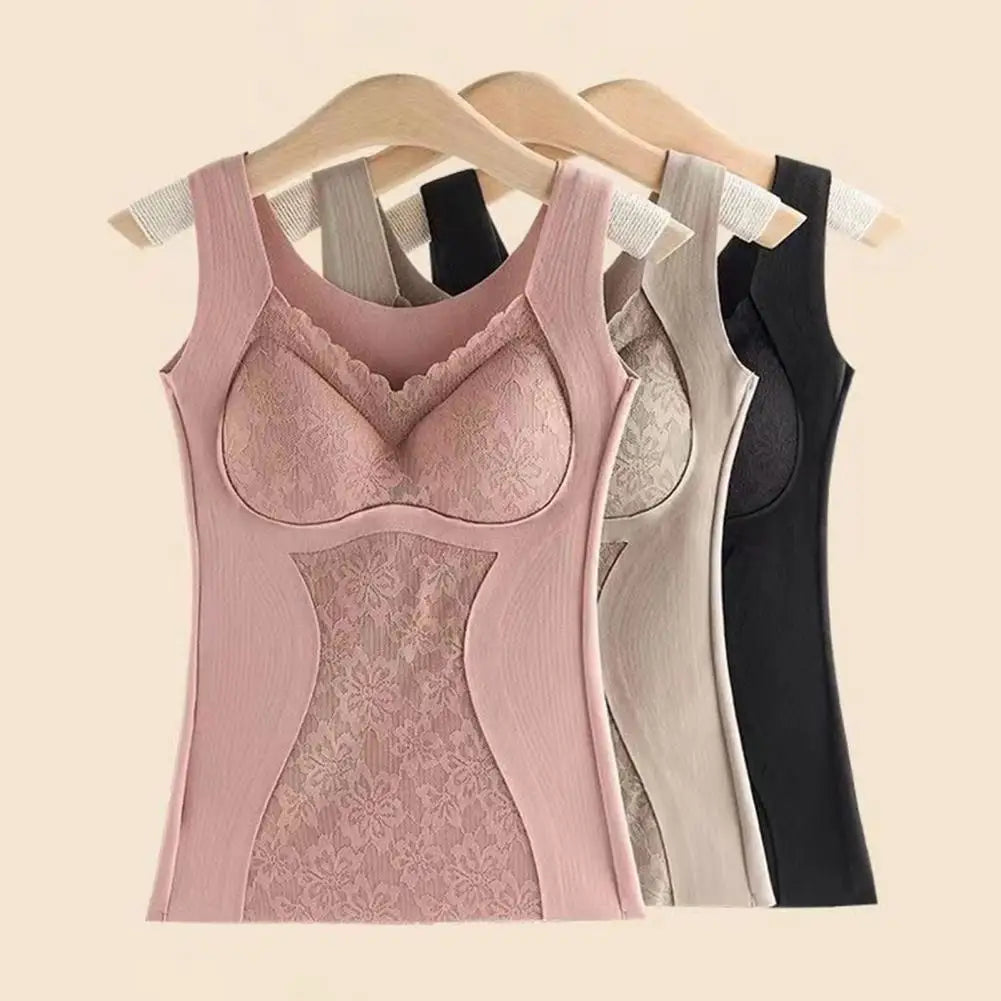 Warm Camisole Undershirts Sleeveless Thermal Tank Top for Women Fleece Lined Lace V Neck Base Layer with Built in Bra