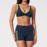 Tight Color Contrast Yoga Suit 2 Pieces Women V Neck Sports Bra Pleate High Waist Shorts Gym Running Fitness Suits Tracksuit
