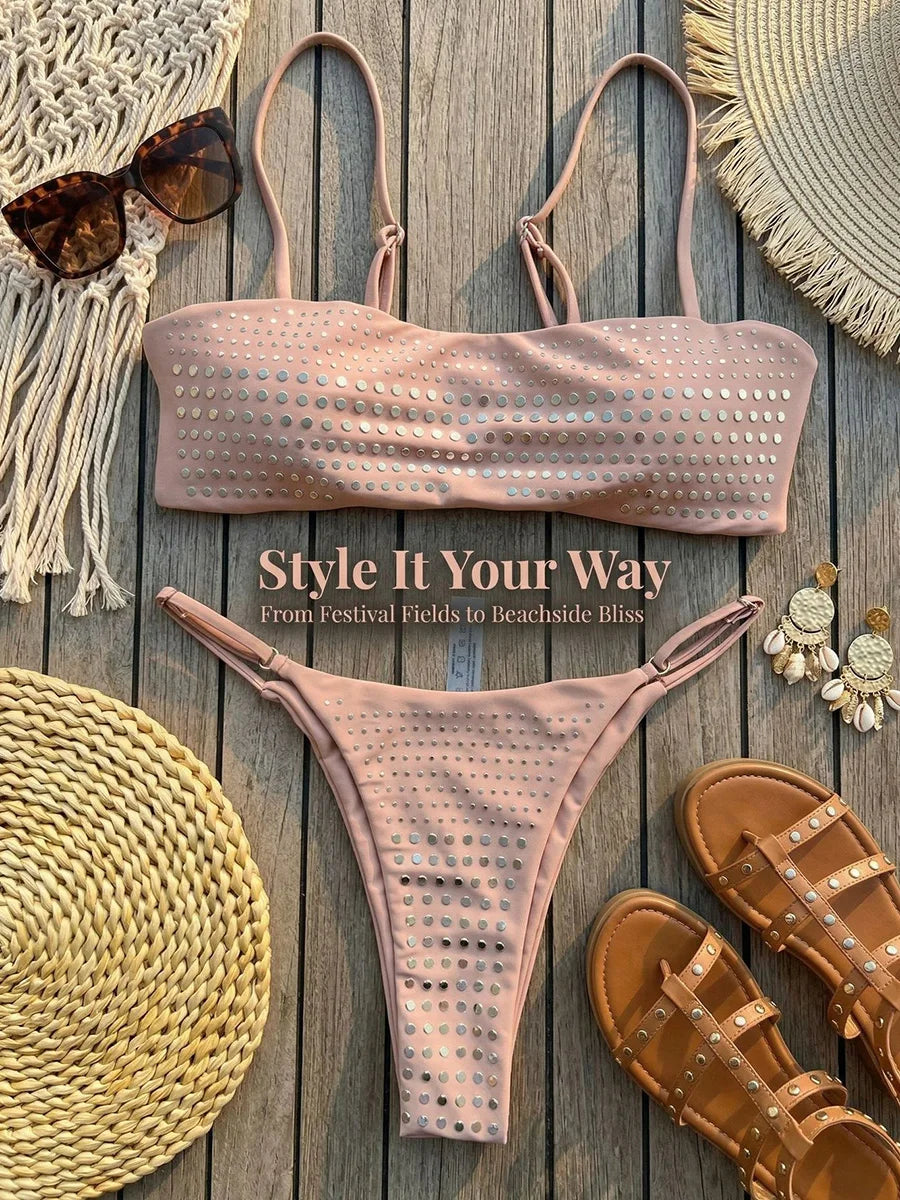 2026 Shiny Sequins Bandeau Bikini Women Swimwear Female Swimsuit Two-pieces Bikini Set Bather Bathing Suit Swim Lady Beachwear