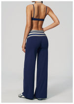 Fake Two-piece Sports Bra Yoga Sets Women Coffee Striped Patchwork Folding High Waist Wide Leg Pants Gym Running Fitness Suits