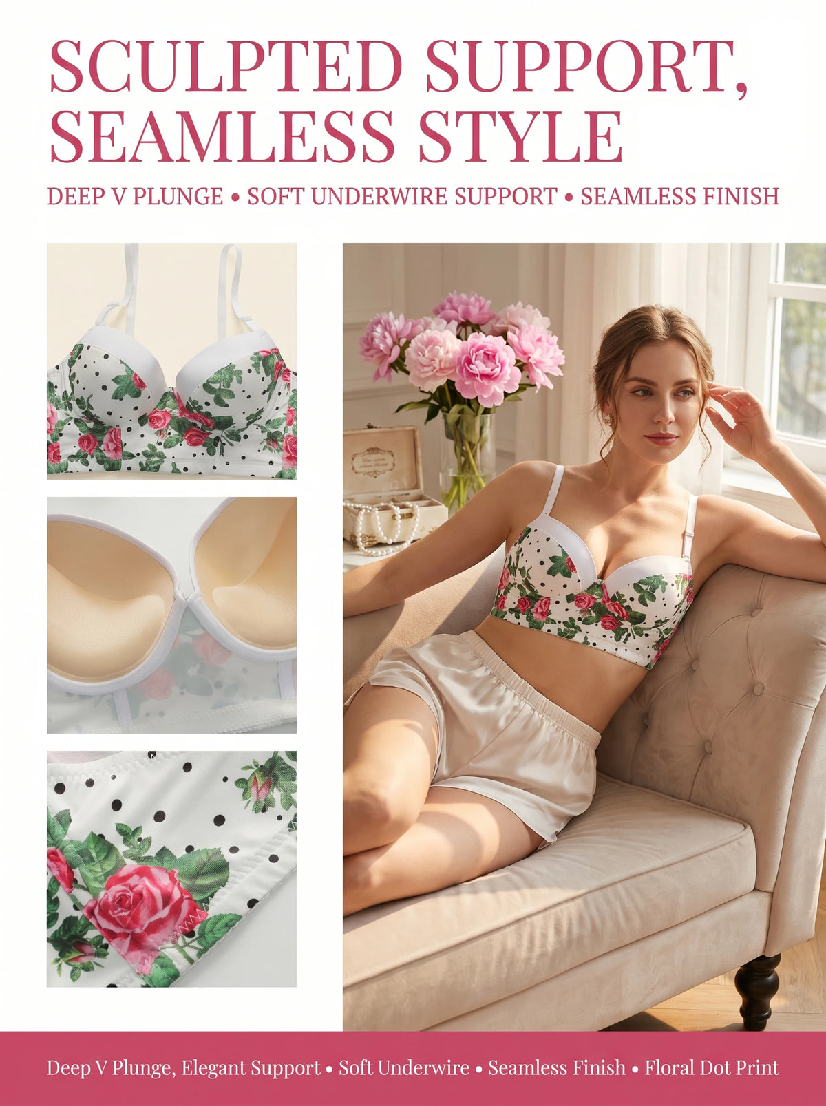 Women Floral Polka Dot Bra Retro Vintage Printed Underwire Bralette 3/4 Cup Lingerie Push Up Bra B6061