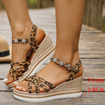 2025 Wedge Heel Leopard Print Sandals Women Fashion Crystal Flowers Thick Bottom Sandalias Mujer Cross Band Platform Sandles 43