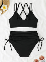 Women's Two Piece Swimsuit Black Double Strap Push Up Pleate Drawstring Side High Waist Bikini 2025 Beach Bathing Suit Swimwear