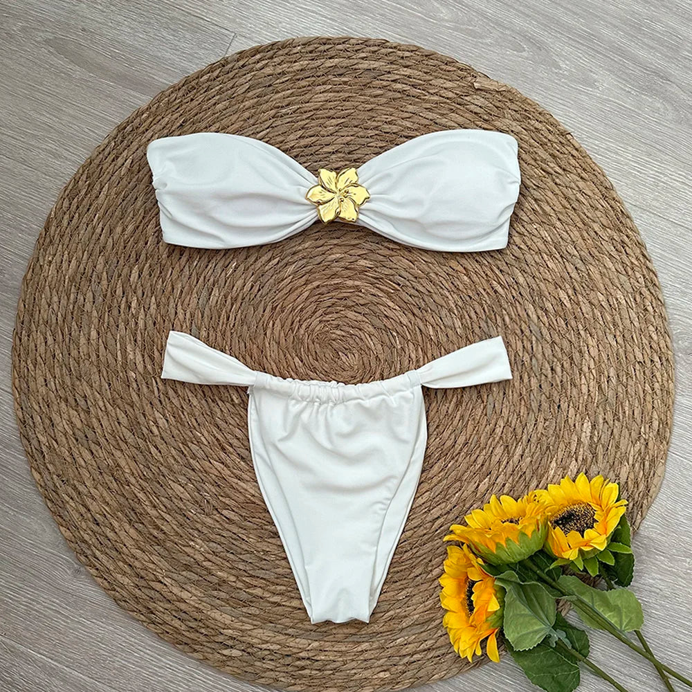 Bandeau Bikini Push Up Women Swimsuits 2025 Sexy Female Swimwear Brazilian Bikini Set Thong Biquini Swim Suits Solid Beachwear