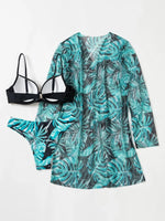 2025 Three Pieces Bikini Set Cover Up Swimwear Women Swimsuit Print Long Sleeve Push Up Bathing Suit Beachwear Swimming Biquini