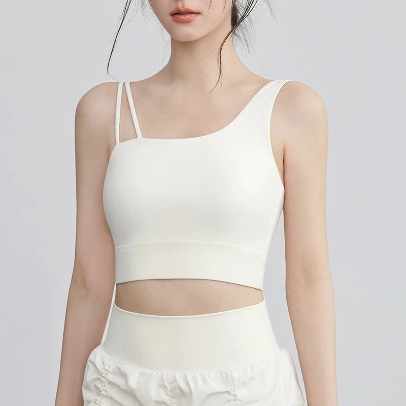 Women's Irregular Shoulder Strap Yoga Sports Bra Shockproof One-Piece Cup Running Vest for Training Fitness And Yoga