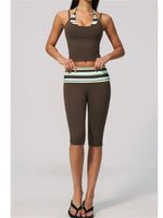 New Fake Two-piece Yoga Sets Women Striped Shock-absorbing Slim Sports Tank Top Fitness Suit Gym High Waist Mid Pants Tracksuit
