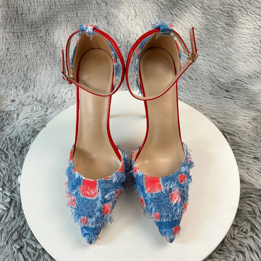 New Denim Fashion Denim color blockingSandals High Gladiator Heels Ladies Office ShoesPlus Big Size45-46 12cm slim heel